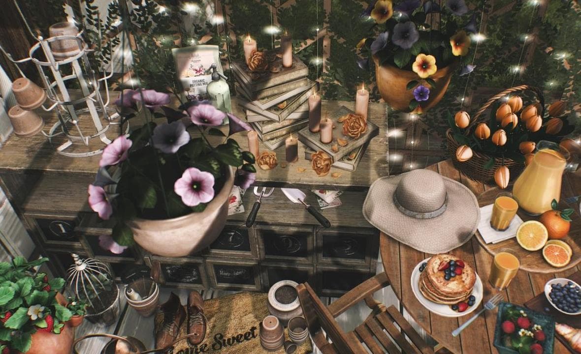 A patio corner filled with pots, flowers, and garden objects