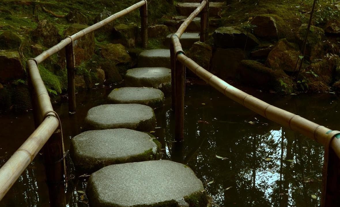 Stepping stones crossing a shaded garden path